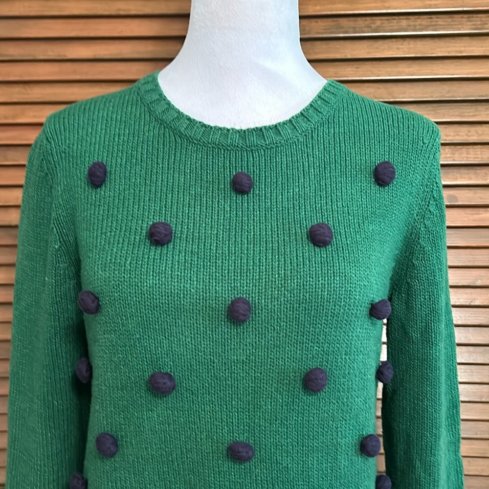 Talbots Green with Navy Pom Poms Crew Neck Sweater Back Zipper Size XS